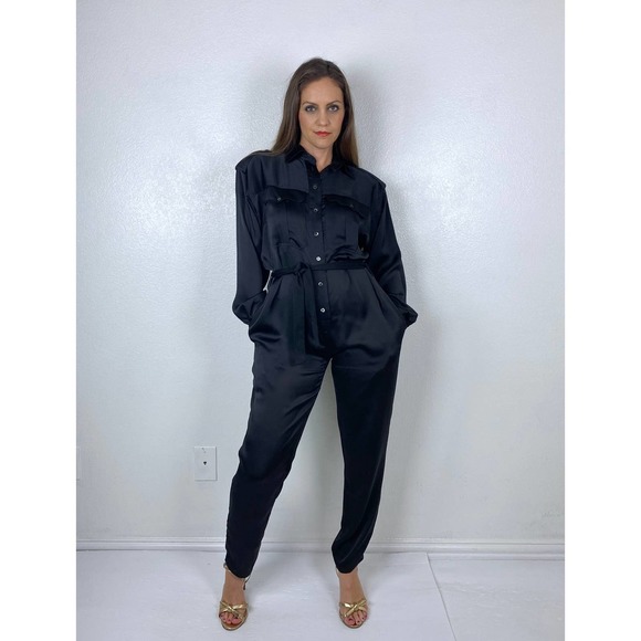 vintage 90s BLACK Liz Claiborne BELTED JUMPSUIT M/L utility military pantsuit - Picture 2 of 10